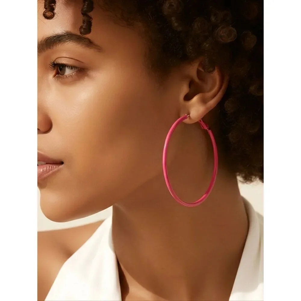 Hot Pink Hoop Earrings 50mm Bold Statement Leverback Hoops Bright Baddie Y2K